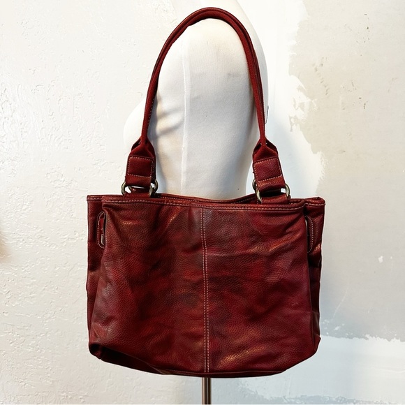 Burgundy faux leather handbag with contrast stitching - Picture 3 of 8